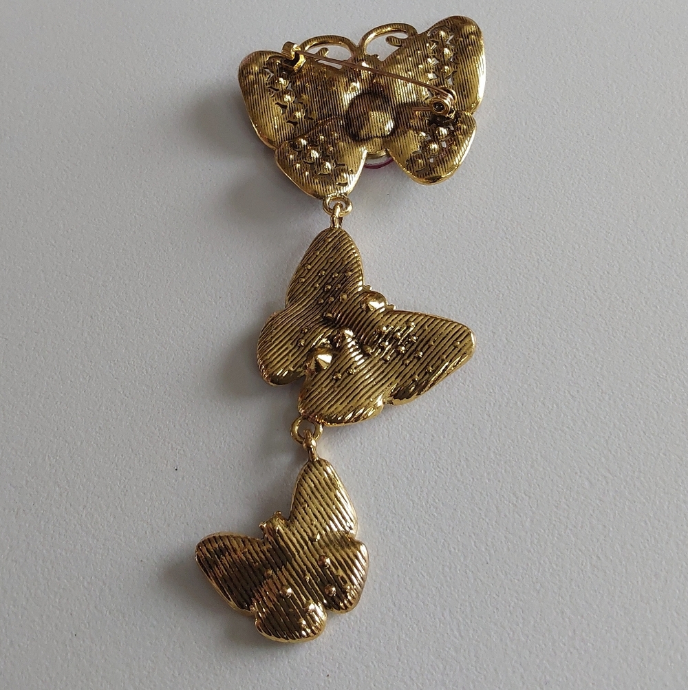 Gold Tone Triple Butterfly Brooch with Multicolor Crystals - Picture 2 of 5